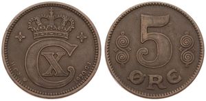 Denmark, Kingdom, Christian X, 5 Ore Bronze 1920, Crowned Monogram, KM 814.2, VF