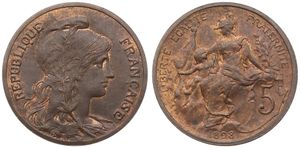 France, Republic, 5 Centimes Bronze 1898, Liberty head right, KM 842, XF