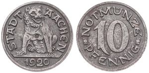 Germany, Emergency Coinage, Aachen, 10 Pfennig Iron 1920, Seated bear within legend / Value in center, A.UNC