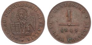 Italian States, Venice, Revolutionary Coinage, 1 Centesimo Copper 1849 ZV, Seated lion with wings spread holding tablet, KM 181, XF