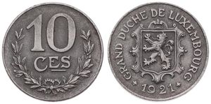 Luxembourg, Grand Duchy, Charlotte, 10 Centimes Iron 1921, National arms above date, KM 31, SCARCE DATE, A.UNC