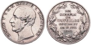 German States, Hannover, Georg V, 1 Thaler Silver 1865B, 50th Anniversary of the Battle of Waterloo, KM 241, A.XF (cleaned)