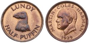 Lundy, British Administration, Martin Coles Harman, 1/2 Puffin Bronze 1929, Puffin's head left, KM Tn1, A.UNC (coin has been varnished)