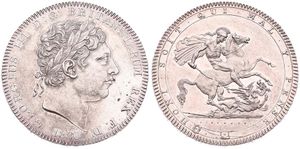 Great Britain, Kingdom, George III, 1 Crown Silver 1820 LX, Laureate head right / St. George slaying the dragon within circle, KM 675, RARE, XF/AU