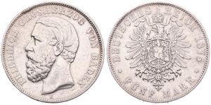 German States, Baden, Friedrich I, 5 Mark Silver 1875G, Bearded head left, KM 263.1, VF