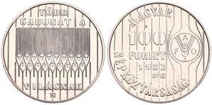 Hungary, Peoples Republic, 100 Forint Copper-Nickel 1983, F.A.O. - Small hearts below stylized design, KM 631, B.UNC