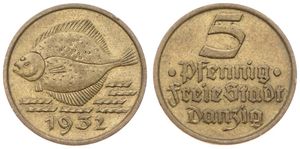 Danzig, Free City, 5 Pfennig Aluminum-Bronze 1932, Turbot left, KM 151, XF