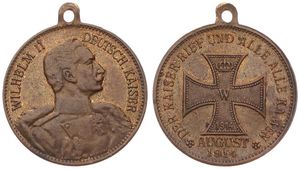 Germany, Empire, Token in Brass 1914, Der Kaiser rief und Alle, Alle kamen, Uniformed bust of Willem II right / Crown above W within iron cross, XF