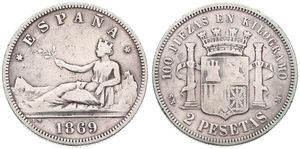 Spain, Provisional Government, 2 Pesetas Silver 1869 (69), Seated crowned figure holding palm sprig, KM 654, VF