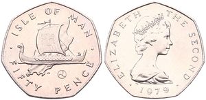Isle of Man, British Dependency, Elizabeth II, 50 Pence Copper-Nickel 1979, Sailing Viking Ship, KM 39, UNC 