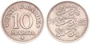 Estonia, Republic, 10 Marka Nickel-Bronze 1925, Three Czech lions left, KM 4, VF