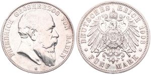 German States, Baden, Friedrich I, 5 Mark Silver 1903G, Bearded head right, KM 274, VF (slightly cleaned)
