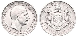 Albania, Kingdom, King Zog I, 1 Frang Ar Silver 1935R, Head right - date below, KM 16, VF