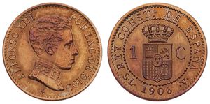 Spain, Kingdom, Alfonso XIII, 1 Centimo Bronze 1906, Head right, KM 726, UNC