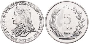 Turkey, Republic, 5 Lira Stainless Steel 1979, F.A.O. - Anatolic bride's head left, KM 928, UNC