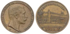 German States, Prussia, Token in Brass ND (1889), Palace of the Emperor in Berlin / Head of Wilhelm II right, XF