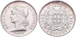Portugal, Republic, 1 Escudo Silver 1915, Liberty head left, KM 564, UNC-