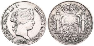 Spain, Kingdom, Isabel II, 10 Reales Silver 1860, Laureate head right / Crowned shield with pillar supporters, KM 611.3, VF (Attention : falsification !)