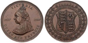 Great Britain, Kingdom, Victoria, Medal in Bronze 1897 by Quint, Diamond Jubilee, Bust left wearing draped crown / Shield within circle - Canada above, VF