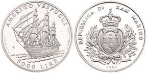 San Marino, Republic, 5000 Lire Silver 1995, Sail training ship ' Amerigo Vespucci ', KM 333, PROOF