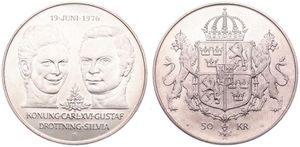 Sweden, Kingdom, Carl XVI Gustaf, 50 Kronor Silver ND (1976), Royal Wedding, KM 854, UNC