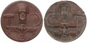 Germany, Third Reich, Badge in Copper 1934, Military uniface Tag Der Arbeit badge, Head above german eagle flanked by hammer and sickel, Fine