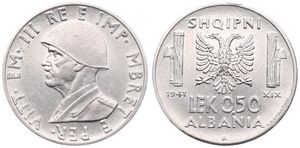 Albania, Italian Occupation WWII, Vittorio Emanuele III, 0,50 Lek Stainless Steel 1941R, Helmeted head left, KM 30, UNC