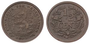 Netherlands, Kingdom, Wilhelmina I, 1/2 Cent Bronze 1921, Rampant lion within beaded circle, KM 138, SCARCER DATE, XF/AU