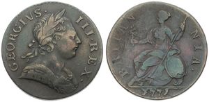 Great Britain, Kingdom, George III, 1/2 Penny Copper 1771, Laureate bust right, KM 601, A.VF