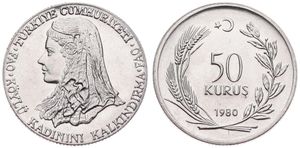 Turkey, Republic, 50 Kurus Stainless Steel 1980, F.A.O. - Anatolic bride's head left, KM 936, UNC