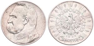 Poland, Republic, 5 Zlotych Silver 1935, Head of Jozef Pilsudski left, KM 28, VF