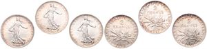 France, Republic, 3 x 2 Francs Silver 1917, 1918 & 1919, Figure sowing seed, KM 845.1, all UNC