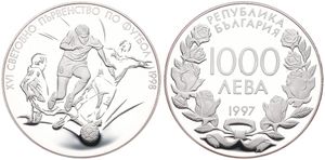 Bulgaria, Republic, 1000 Leva Silver 1997, World Championship Soccer, KM 233, PROOF