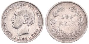 Portugal, Kingdom, Luiz I, 200 Reis Silver 1862, First bust left, KM 507, VF