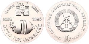 Germany, Democratic Republic, 10 Mark Silver 1977, 375th Anniversary of the Birth of Otto von Guericke, KM 65, UNC
