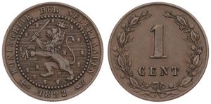 Netherlands, Kingdom, William III, 1 Cent Bronze 1882, Rampant lion within beaded circle, KM 107, A.XF