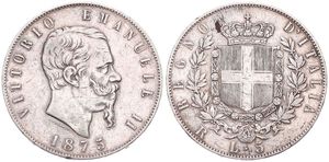 Italy, Kingdom, Vittorio Emanuele II, 5 Lire Silver 1875R, Bearded head right, KM 8.4, VF