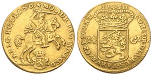 Netherlands, Holland Province, 14 Gulden Gold 1750, Armored knight on horse above crowned shield / Crowned arms, KM 97, VF (slightly cleaned) (*)