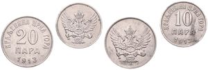 Montenegro, Kingdom, Nicholas I, 10 & 20 Para Nickel 1913, Crowned arms, KM 18/19, XF