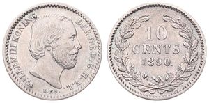 Netherlands, Kingdom, William III, 10 Cents Silver 1890, Bearded head right, KM 80, VF