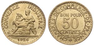 France, Republic, 50 Centimes Aluminum-Bronze 1926, Mercury seated left, KM 884, UNC