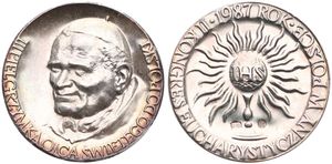 Poland, Republic, Medal in Silver 1987, 2nd Eucharistic Congress in Poland, Bust of Pope John Paul II left / Radiant IHS, UNC