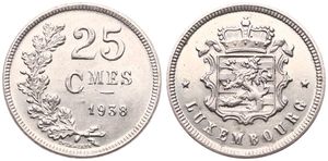 Luxembourg, Grand Duchy, Charlotte, 25 Centimes Copper-Nickel 1938, Crowned national arms flanked by stars, KM 42, UNC