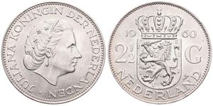 Netherlands, Kingdom, Juliana, 2-1/2 Gulden Silver 1960, Head right, KM 185, UNC
