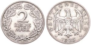Germany, Weimar Republic, 2 Reichsmark Silver 1925G, Eagle with wings spread above date, KM 45, VF