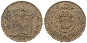 Portugal, Republic, 50 Centavos Aluminum-Bronze 1926, Liberty seated on throne, KM 575, XF