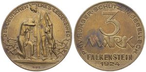Germany, Emergency Coinage, Falkenstein (Priv. Burger-Schutzen-Gesellsch), 3 Mark Bronze 1924, Mourning Family / Legend surrounding denomination, XF