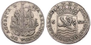 Netherlands, Zeeland Province, 6 Stuivers Silver 1753, Crowned arms of Zeeland divide date / Sailing Ship right, KM P29, RARE PIEDFORT !, VF