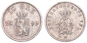 Norway, Kingdom, Oscar II, 10 Ore Silver 1899, Crowned shield and monogram, KM 350, VF
