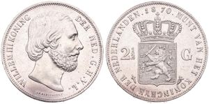 Netherlands, Kingdom, William III, 2-1/2 Gulden Silver 1870, Bearded head right, KM 82, XF